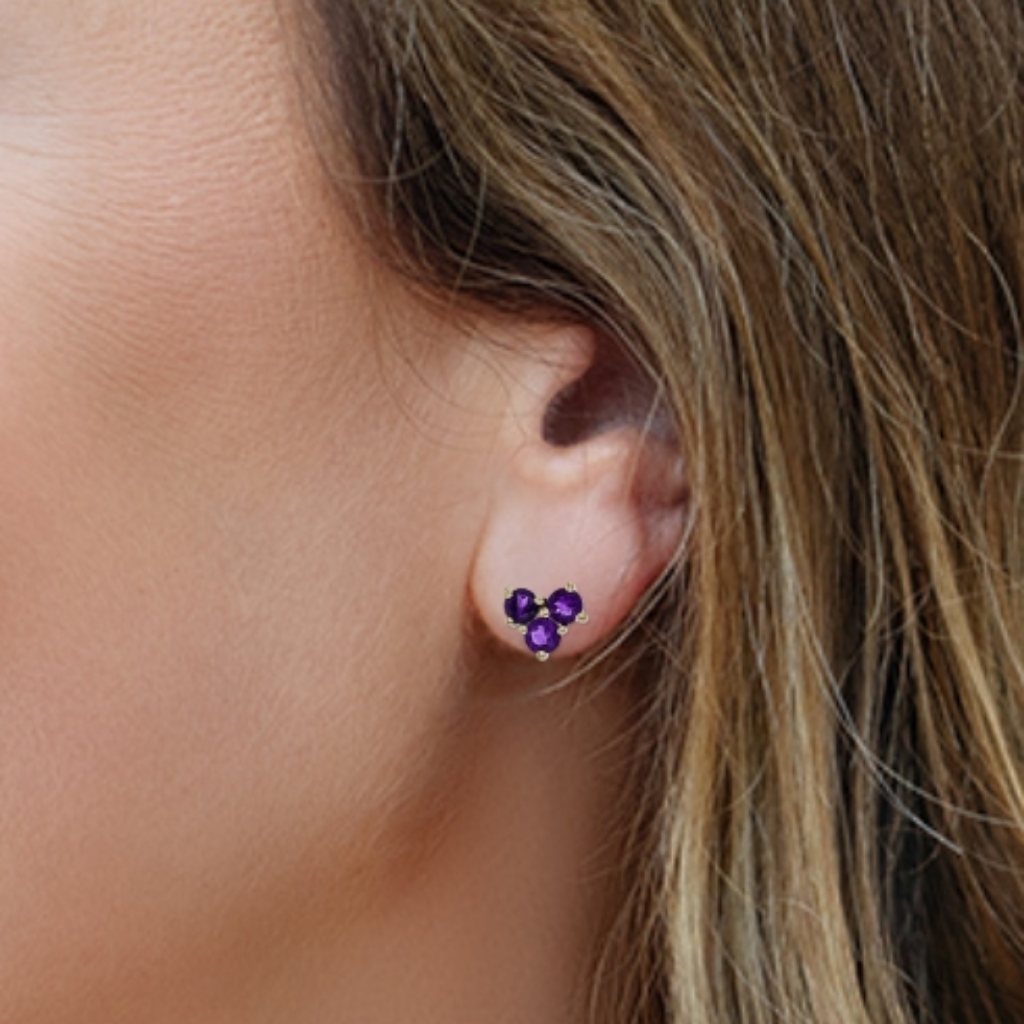 Amethyst 3-Stone 10k Yg Stud Earrings